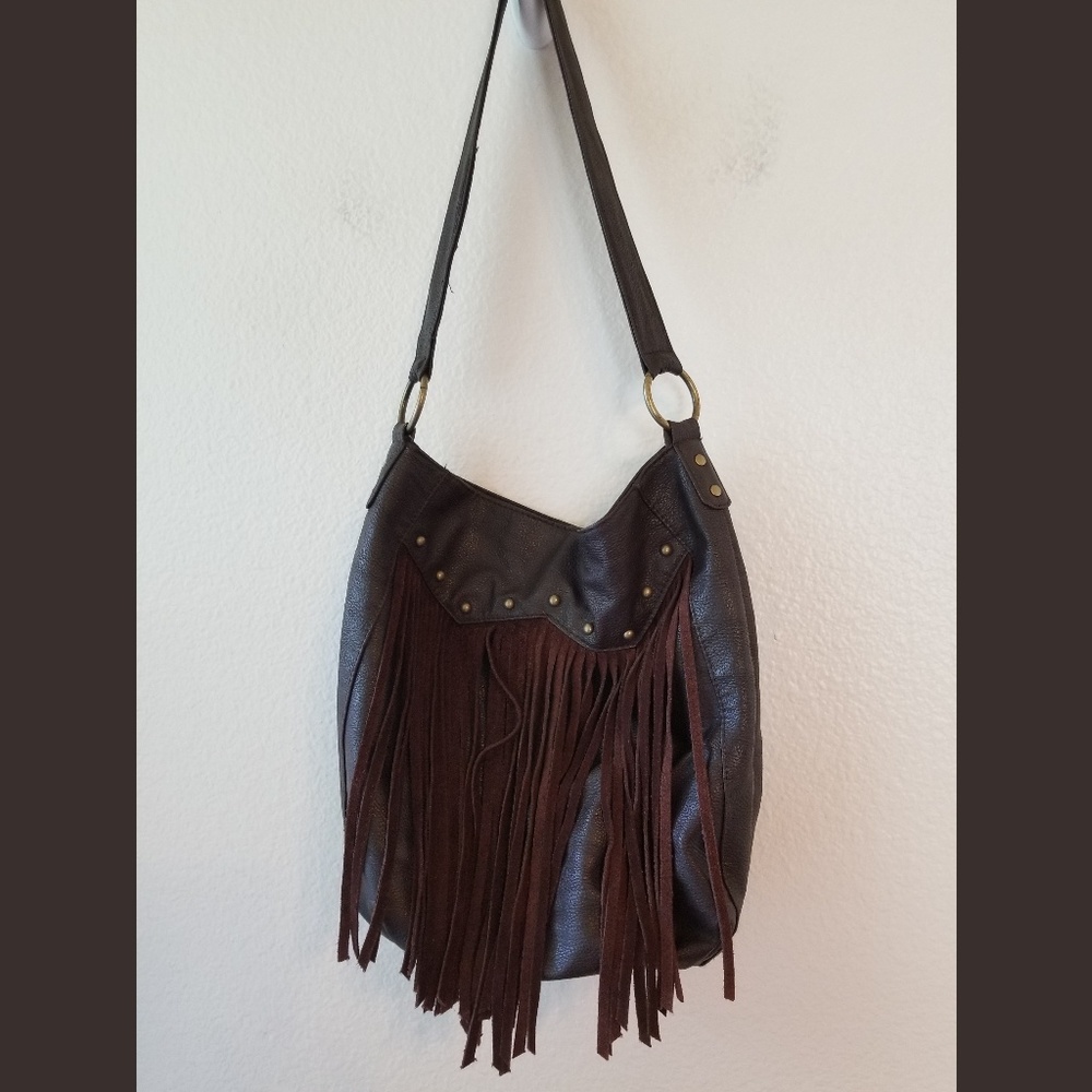 Roxy Brown Fringe Stud One Strap Boho Shoulder Bag